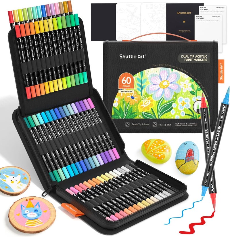Shuttle Art Markers طلاء أكريليك مزدوجة الطرف بـ 60 لون، أقلام طلاء أكريليك بطرف فرشاة وطرف دقيق للصخور، السيراميك، الخشب، القماش، البلاستيك، الزجاج، الحجر، الخط، صناعة البطاقات، الحرف والفن على الأظافر - Image 1